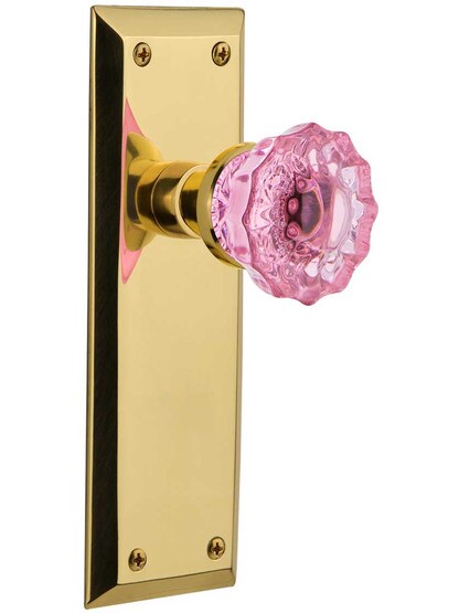 New York Door Set with Colored Fluted Crystal Glass Knobs Pink in Polished Brass.